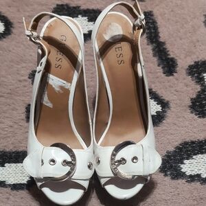 Guess White Buckle Peep-Toe Heels